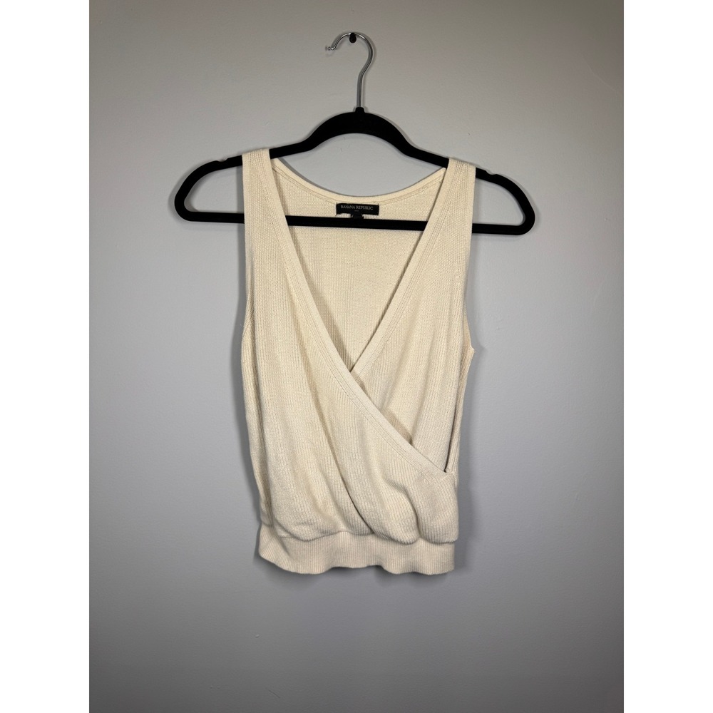 Banana Republic Womens XS Cream Cotton Ribbed Wrap Front Surplice Sweater Tank